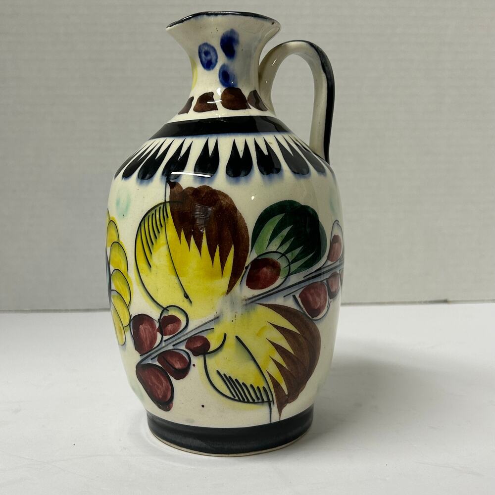 Vintage Signed Tonala Mexican Pottery Hand painted Ceramic Jug